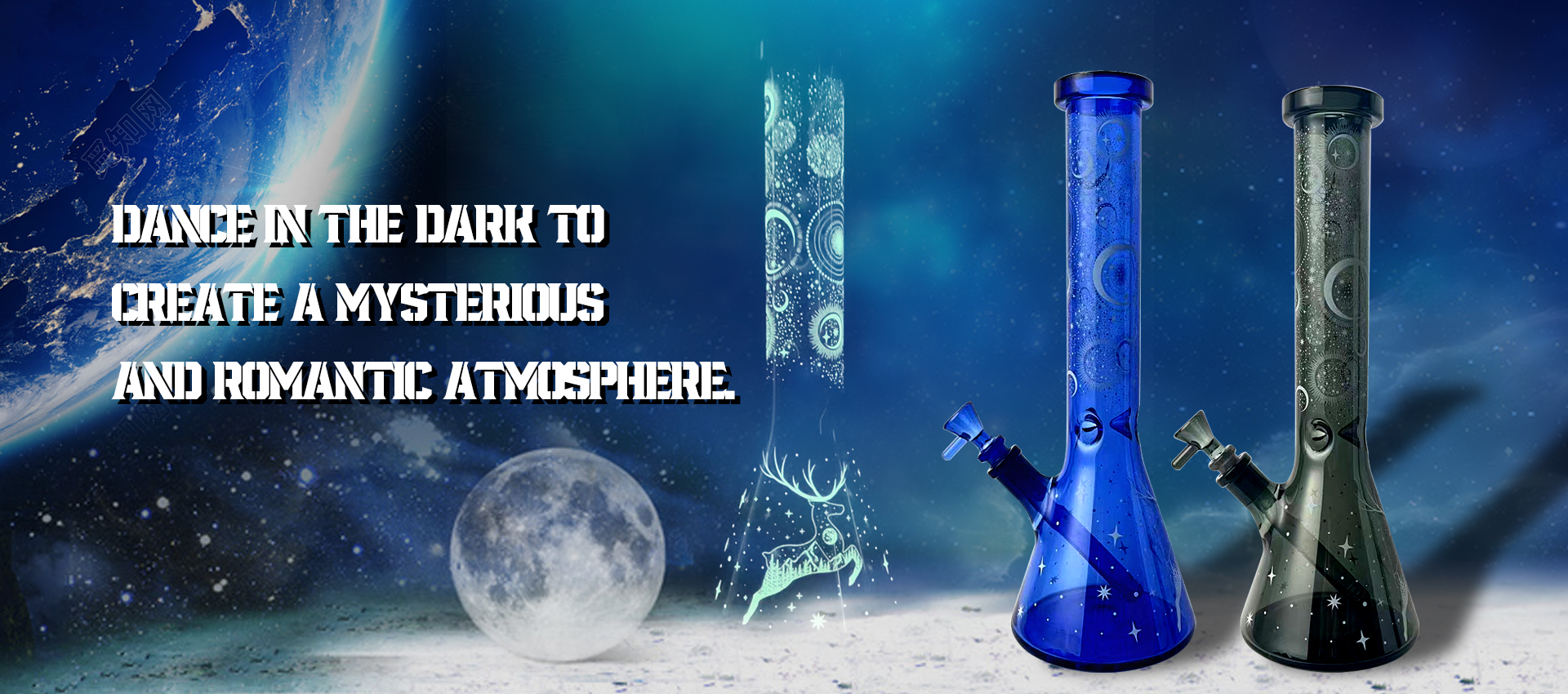 This Hookah, Crafted With Precision In Glass, Blends Functionality And Artistic Beauty. Two Classic Colors—Seductive And Dreamy Blue—Satisfy Diverse Aesthetics. Upon The Bottle, Elements Such As Stars, Phases Of The Moon, And Mysterious Totems Are Intricately Interwoven,Lining A Fantastical Cosmic Landscape, With Every Detail Exuding The Artisan's Unique Ingenuity. The Magic Lies In Its Nightlight Feature. As Night Falls The Lights Dim, The Hookah Seems To Be Imbued With Enchantment, With The Patterns On The Bottle Emitting A Soft Glow, Stars Shimmering, Phases Of The Moon, And Totems Appearing To Come Alive, Dancing In The Darkness, Creating An Atmosphere Of Mystery And Romance. Whether For Personal Indulgence, Where It Allows One To Immerse, Or As A Focal Point In Social Gatherings, It Perfectly Adapts, Adding An Extra Touch Of Intrigue And Allure To The Experience.