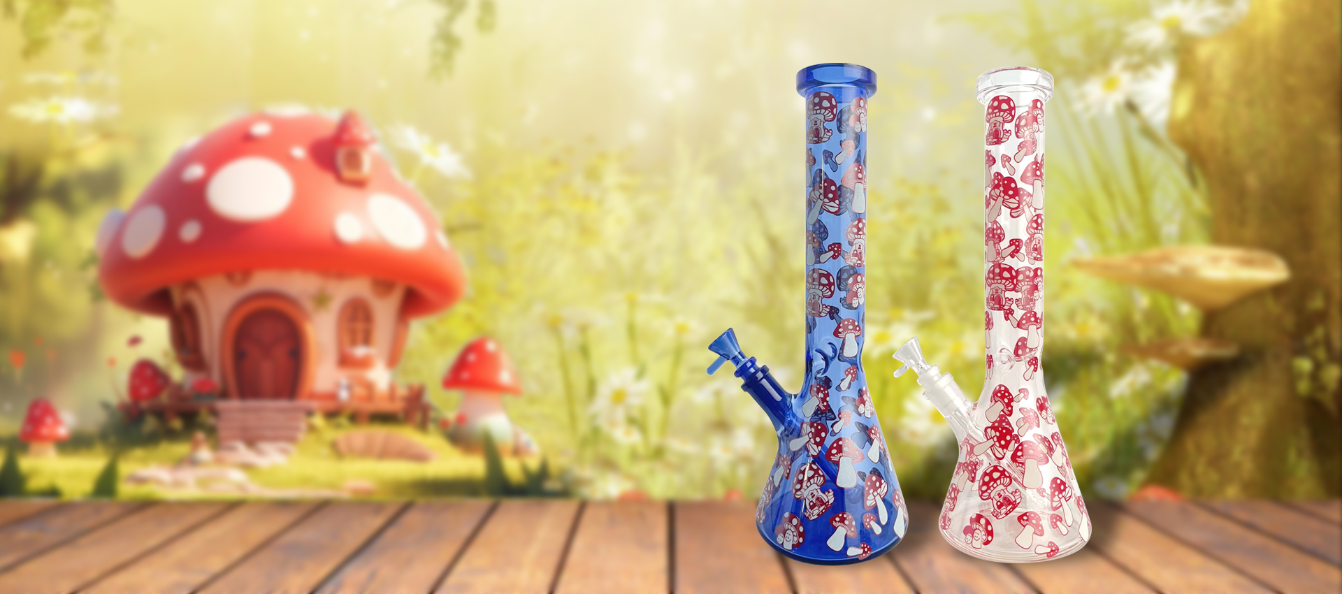 This is a set of glass hookahs with mushroom patterns printed on them. They have a fluorescent effect in the dark. The mushroom patterns emit green light. The unique design makes them very eye-catching visually.
